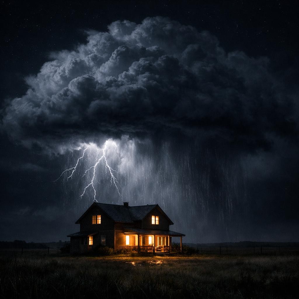 A house with glowing windows under a dark sky with lightning and rain