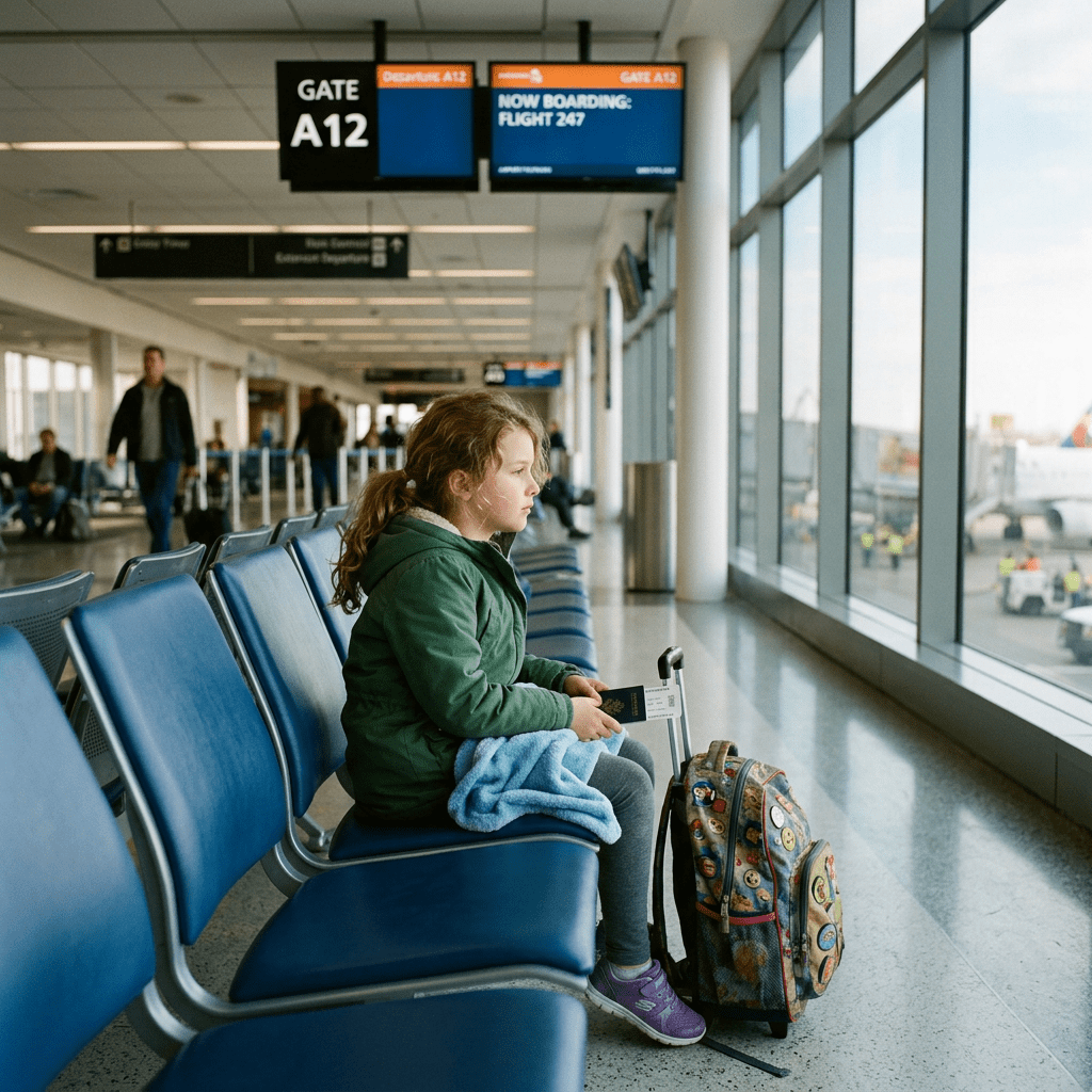 Young girl sitting at airport gate A12 holding boarding pass and passport with backpack beside her