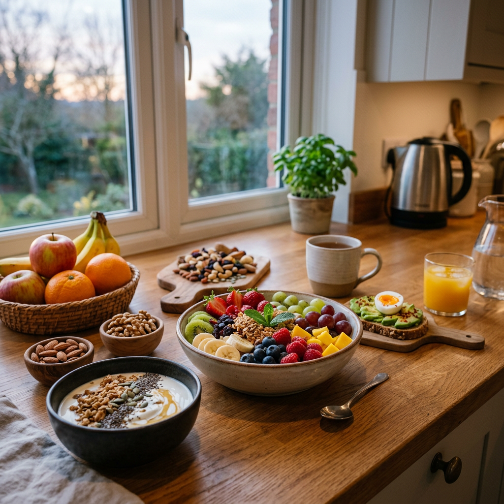 Bowls of fruit, yogurt with granola, nuts, avocado toast, orange juice, and tea on a wooden kitchen counter