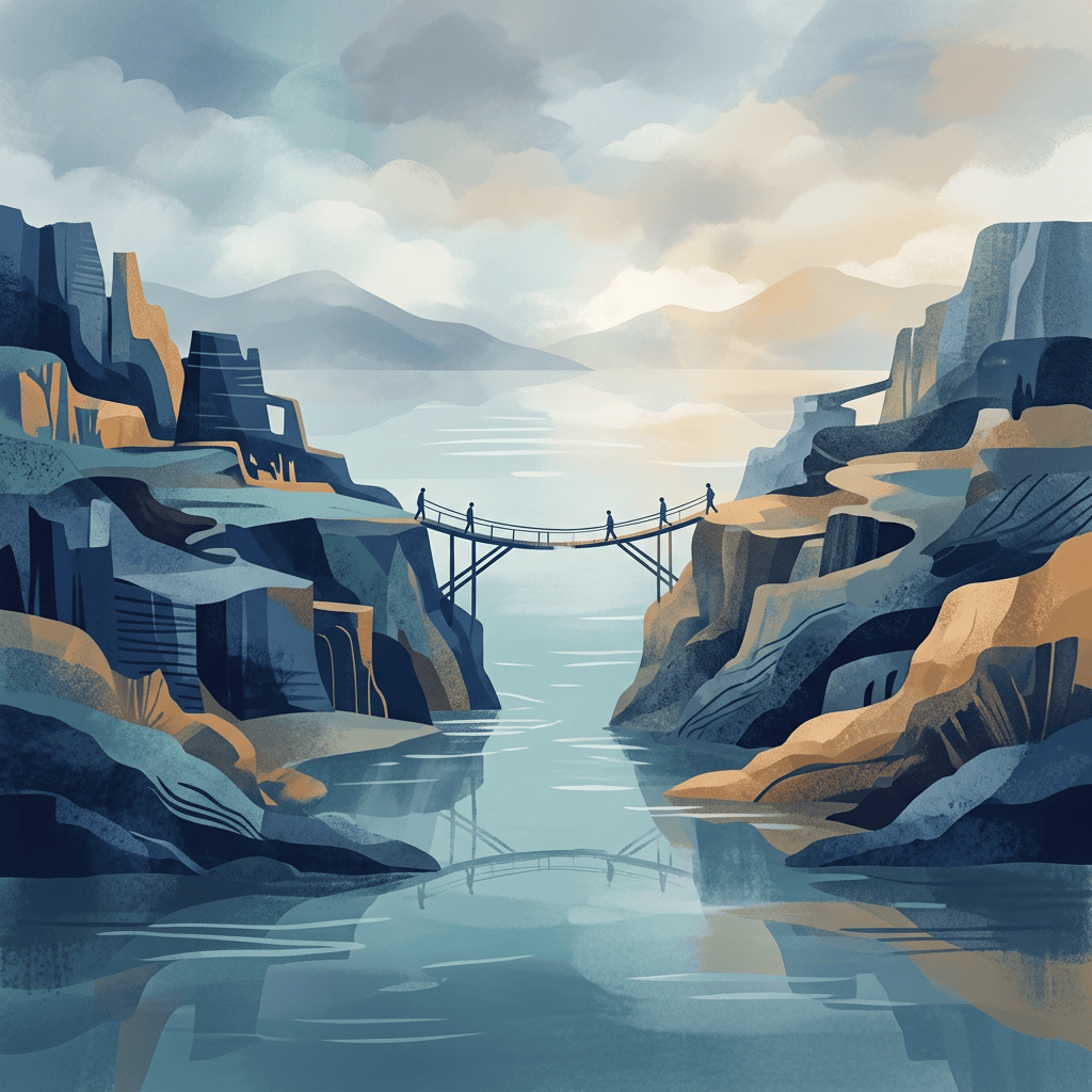 Suspension bridge spanning a canyon above a reflective mountain lake